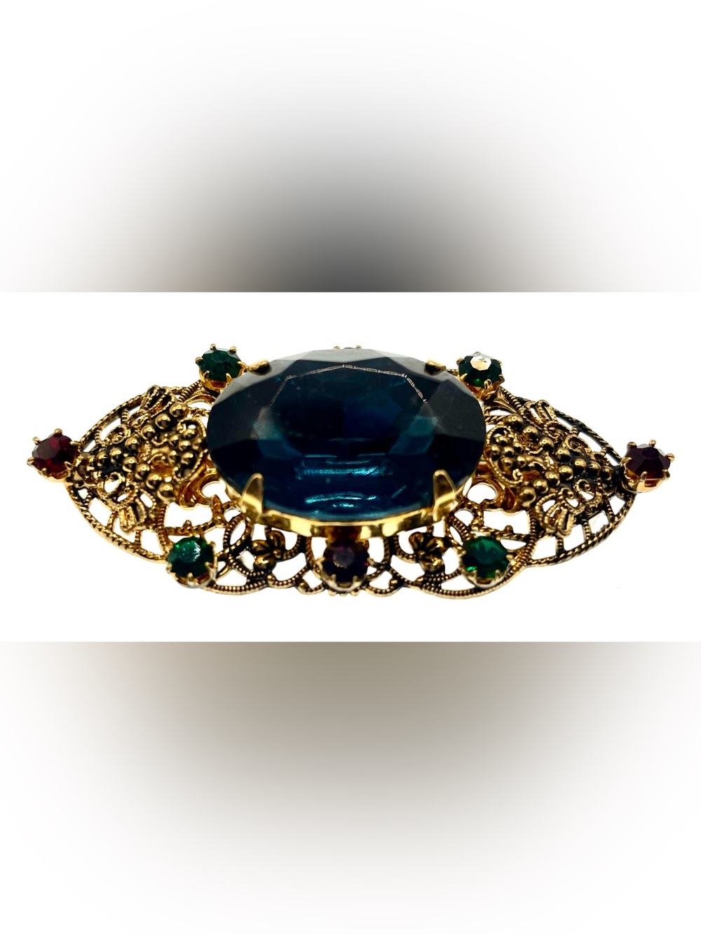 Vintage Victorian Revival Filigree Brooch Blue Glass Rhinestone Gold Tone